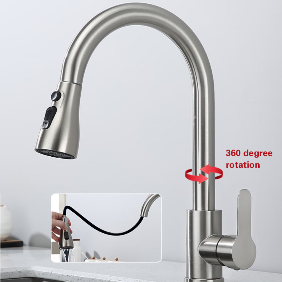Ï¼Silverï¼Kitchen Faucet With Pull-Down Sprayer Cold&Hot 360-Degree Swivel Single-Hole Tap 617092326811
