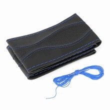 38cm/15in Leather Steering Wheel Wrap Cover Hand Stitching Embossing with Needle and Thread UniversalBlack Blue