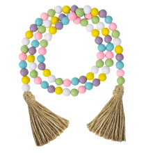 Easter Wood Bead Garland with Bunny & Tassel – Farmhouse Rustic Hanging Decor for Shelf, Tiered Tray, Wall – Compatible with Easter Themes