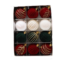 Flocked Velvet Christmas Balls White Green 12 pcs