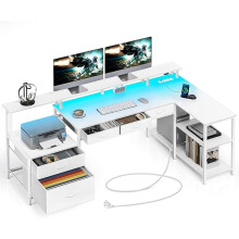 L Shaped Computer Desk with USB Ports, Power Outlets, LED Strip, Drawers & File Cabinet, Reversible Corner Gaming Desk with Monitor Shelf