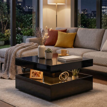 (Black) HOMCOM LED Coffee Table with Storage, Modern Centre Table