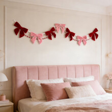 6.75 Feet Valentine's Day Bow Garland - Elegant Polyester Satin Hanging Decor for Mantels, Staircases & Party Backdrops