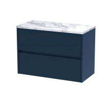 Chartley Contemporary 2 Drawer Wall Hung Vanity Unit with Laminate Worktop, Midnight Blue, 800mm