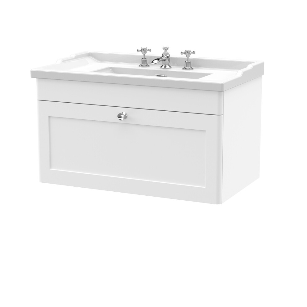 Balterley Swynnerton Traditional 1 Drawer Wall Hung Vanity Unit With Basin, Satin 800Mm White