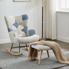 BTM Rocking Chair for Nursery, Fabric Rocking with Footstool, High Back and Solid Wood Legs, Relaxing Recliner Chair for Balcony Living Room Bedroom
