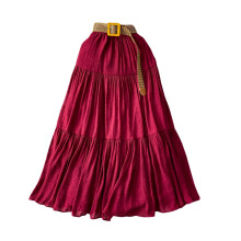 Women's Casual Solid Color Elastic Waist High Waist Beach Long Skirt Dark Red