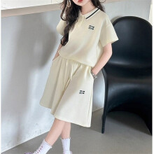 (Beige suit, 140cm) Girls, middle and older children, summer polo shirt, short-sleeved shorts suit, Korean style casual