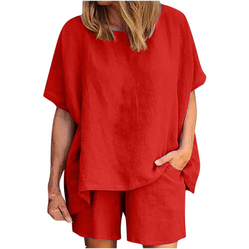 Women's Casual Summer Two-Piece Set Red Solid Comfortable 1