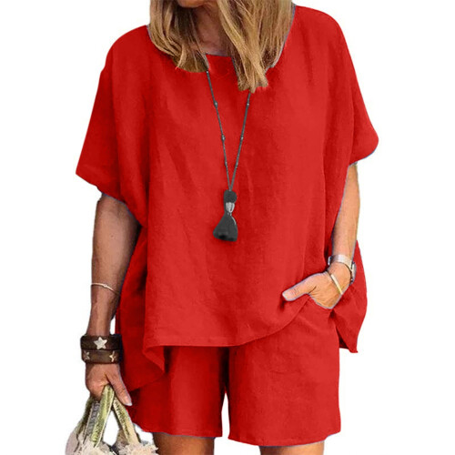 Women's Summer Two-Piece Outfit Red Solid Satiny Set 2