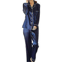 (5XL, blue) (size M) Women's Soft Silk Satin Long Sleeve Sleepwear Pajamas Set