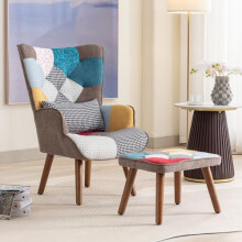 ModernLuxe Soft Armchair with Footstool, Comfortable Accent Chair with Back Cushion, Sponge, Relaxing Reading Chair for Living Room, Splicing Colorful