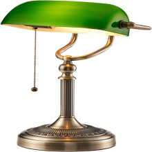 Lampe de bureau en verre vert, style banquier, interrupteur à chaînette, pour table de chevet ou bureau.