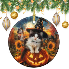 Kitten Witch Hat Ceramic Ornament Black White 1pc