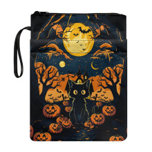Decorative Polyester Book Cover Sleeve with Zipper for Journals, Planners & Books – Halloween Cat Full Moon Design