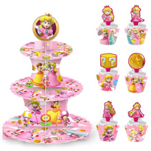Prinzessin Peach 3-stöckiger Cupcake-Ständer mit Toppern und Papierförmchen – Dekorativer Kuchenturm aus Pappe für Partydekoration, kompatibel