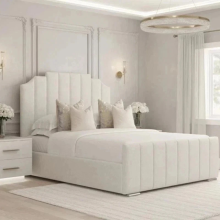 (6ft Super King(with Gaslift), Cream(No Mattress)) Luxury Plush Velvet Art Deco Crown Double Bed Frame Mattress Ottoman Gas Lift Storage