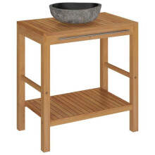 Toiletkast - HELLOSHOP26 - 74 x 45 x 75 cm - Massief teak - Riviersteen wastafel - Bruin