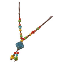Bohemian Ceramic Necklace Artistic Beads And Square Charm 70cm