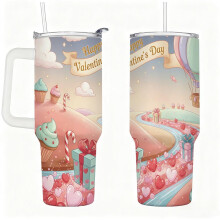 Cute Cupcake & Heart Candy Landscape Stainless Steel Tumbler with Handle, Double-Wall Travel Cup, Gift for Girlfriend & Wife
