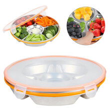 Clearance! 10.4" Divided Serving Tray with Lid, 6-Compartment Stainless Steel Snack/Veggie/Fruit Tray for Fridge & Party—Compatible with Snackle Box