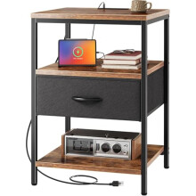 Duffy Side Table with Charging Station, Narrow Bedside Table with 2 Sockets and 2 USB Ports, 3-Tier Nightstand with Drawer, Slim Sofa Tables End