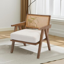 RBFGYIOP Mid-Century Modern Rattan Armchair | Linen Upholstered Padded Seat | Wooden Frame Accent Chair with Woven Backrest | Comfortable Lounge