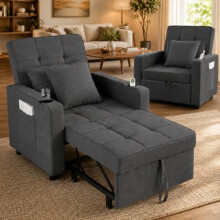 Makika Recliner Chair Armchair Tommy Foldable 3-in-1 with Armrest adjustable Backrest - 2 Pillows Cup Holder - up to 150kg - Single Sofa Convertible