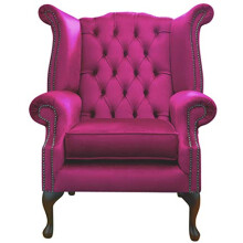 Chesterfield Queen Anne Wingback Chair in Pink Velvet – High Back Armchair with Hand-Studded Detailing, Solid Mahogany Legs, Deep Button Tufted
