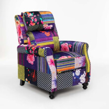 Colourful Patchwork Armchair for Living Room – Floral Manual Recliner Armchair, High Seat Wingback Recliner Chair for the Elderly, Multicoloured