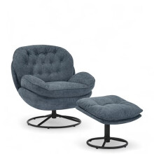 AZURA Plush Woven Fabric Swivel Cuddle Chair & Footstool Set – Elegant Buttoned Dark Grey Swivel Armchair with 360 Rotation & Metal Base, Reading