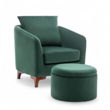 Bottle Green Velvet Tub Chair with Footstool and Cushion - Comfy Armchair with Wooden Legs for Reading, Relaxing and Guests, Small Bucket Chair for