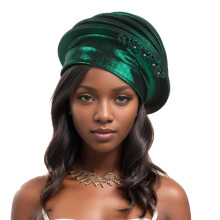 Plastic Flower Embellished Beret Hat Comfortable Elegant-Green