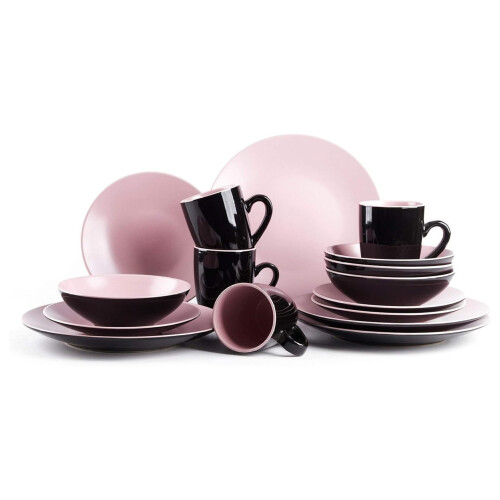 Stoneware 16-Piece Dinner Set Rose Interior Black Exterior