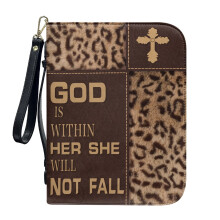 Brown Leopard PU Leather Bible Cover for Women & Men – “God is Within Her”, XL, Detachable Wristlet Strap, Compatible with Most Bibles