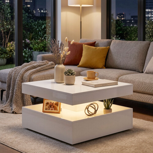 Homcom (White) HOMCOM LED Coffee Table with Storage, Modern Centre Table