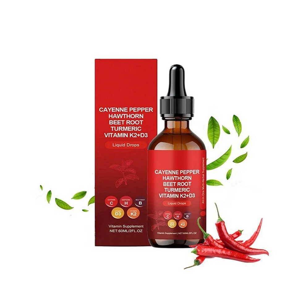 (2PCS) Cayenne Pepper Liquid Drops - All-in-One with Hawthorn, Beet Root, Turmeric, Vitamin K2 & D3, 60ml