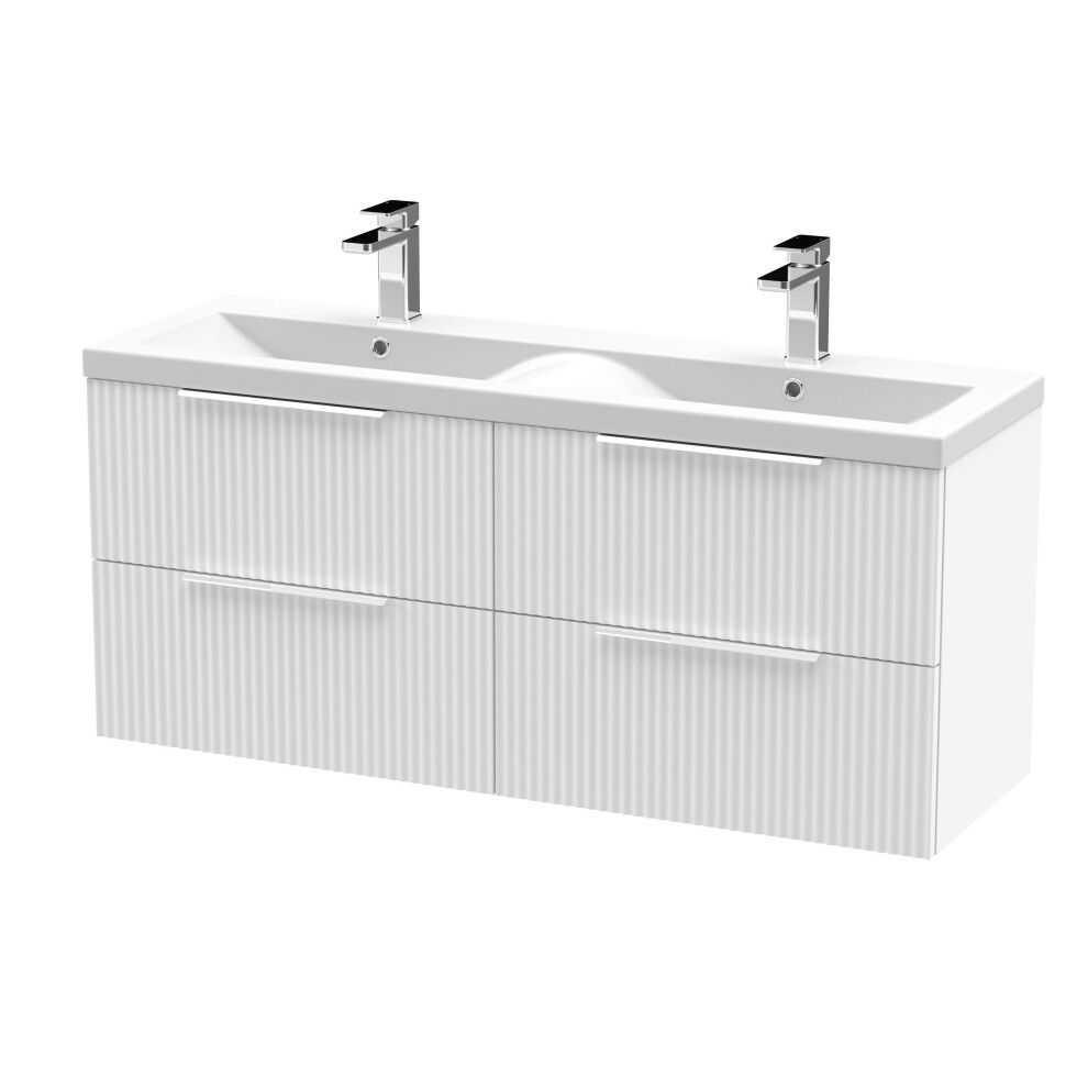 Balterley Tixall Fluted 4 Drawer Wall Hung Vanity Unit With Double Basin, Satin White, 1200Mm