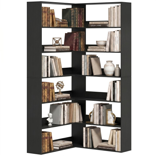Homcom (Black) HOMCOM 7 Tiers Corner Bookshelf, L-Shaped 1