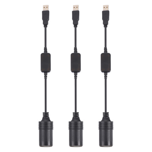 3Pcs Black USB to Car Lighter Adapter PVC Copper Wire Power Converter