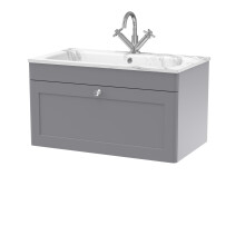 Swynnerton Traditional 1 Drawer Wall Hung Vanity Unit with Stone Basin, Satin Grey, 800mm
