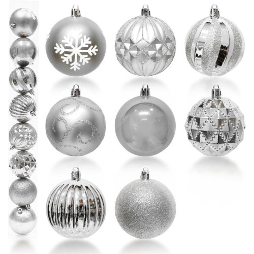Silver Christmas Ball Ornaments 70mm Glitter Plastic 8 PCS