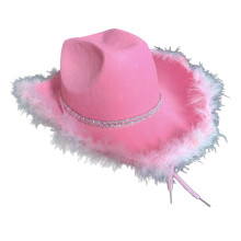 Vaaleanpunainen cowgirl-hattu kristallihelmillä, leveälierinen