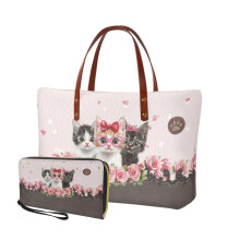 Valentine's Day Cat Rose Print 2-Piece Bag Set: Polyester Satchel + PU Wallet – Compatible with Women’s Work, Shopping, Hiking