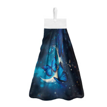 Moon Butterfly Hanging Kitchen Towel – Floral Hand Drying Towel with Snap Button, Breathable & Absorbent, Compatible with Standard Hooks