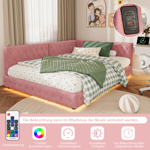 (4ft6 Double, Pink) Double Bed Frame With LED+USB 1