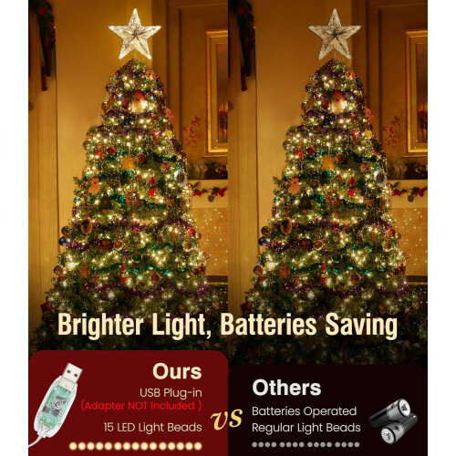 LED Lighted Star Tree Topper Silver 9.8 Inch Glitter Metal 1