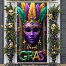 Purple & Gold Mardi Gras Banner with Green Feathers, Emerald Gems – Masquerade Ball Backdrop, Compatible with Carnival Party