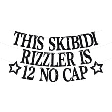 This Skibidi Rizzler is 12 No Cap Banner, Bruh I’m 12/Official Pre-teen, Happy 12th Birthday Party Decorations Supplies for Boys Girls Black Glitter