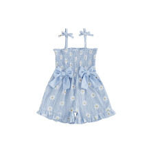 (3-4 Years, Blue) Toddler Baby Girls Summer Romper Fashionable Daisy Print Bow Decor Sleeveless Jumpsuit